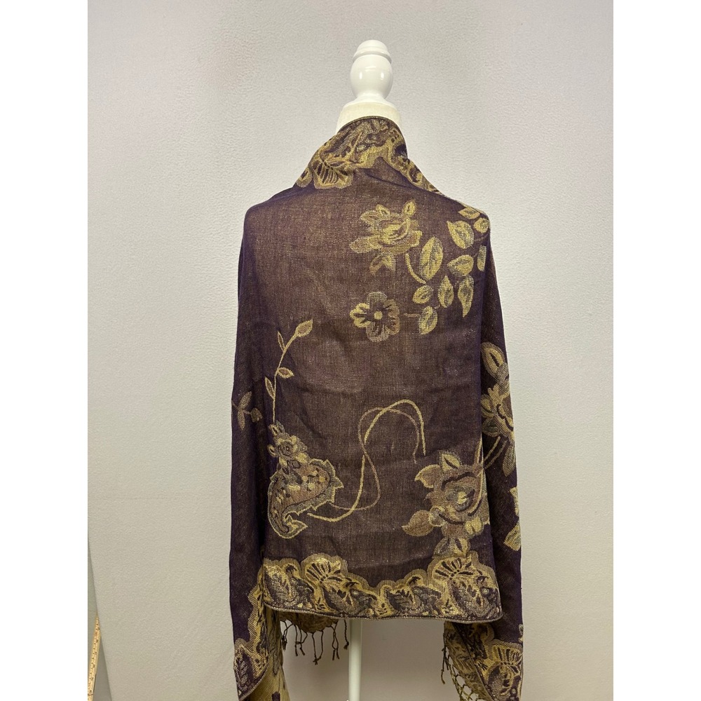 Boho Metallic Floral Reversible Womens Purple Gold Paisley Pashmina Shawl Wrap